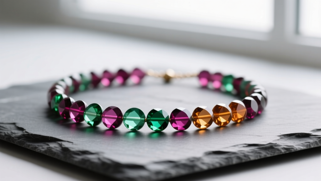 Natural tourmaline rondelle bead necklace on slate, showing flattened faceted disc shapes and vibrant colors under soft lighting.