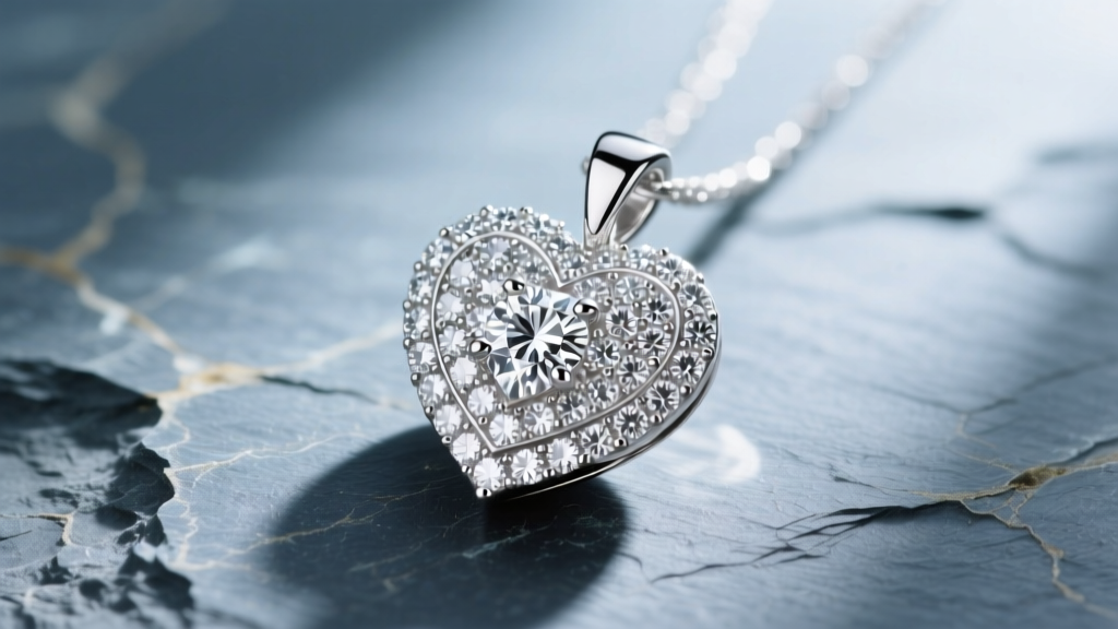 Macro view of a sterling silver diamond heart pendant on slate, highlighting micro-pave melee diamonds and bright rhodium plating.