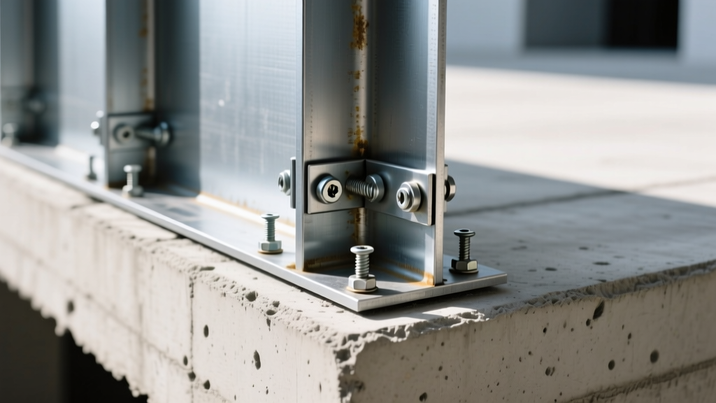 Cold-formed steel shear wall detail showing hold-downs, anchor bolts, and screws securing the bottom track to a concrete foundation slab