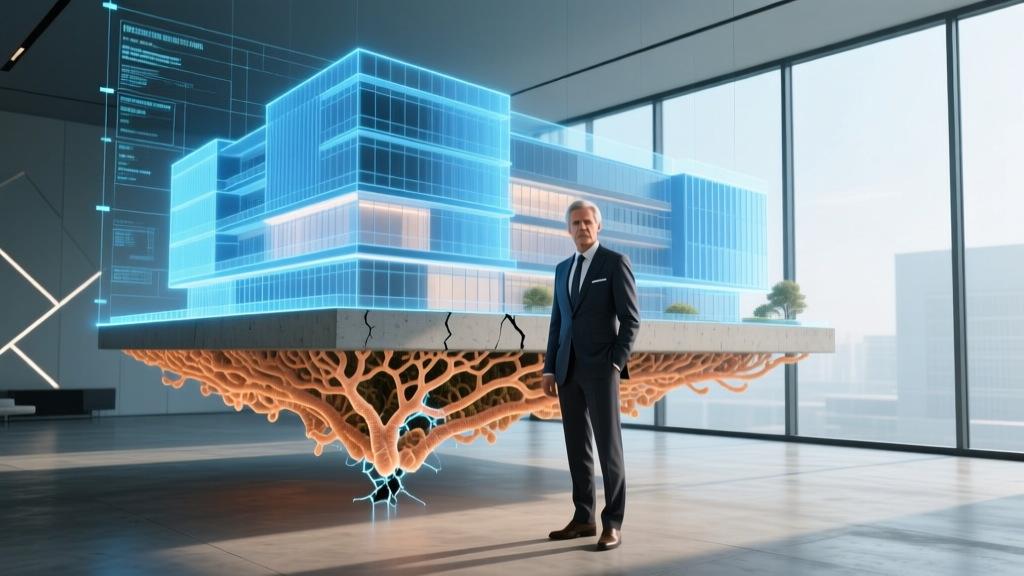 Architect reviewing holographic blueprints of a commercial building featuring self-healing concrete foundations and mycelium insulation panels