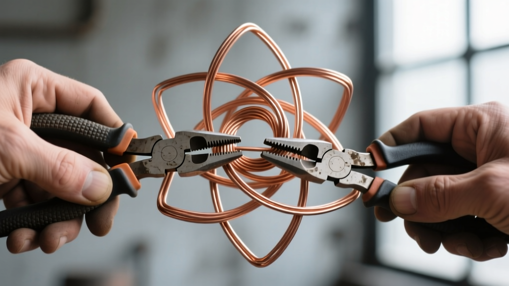 Close-up of hands using heavy-duty ergonomic chain-nose pliers to bend 12-gauge raw copper wire into a sculptural geometric shape
