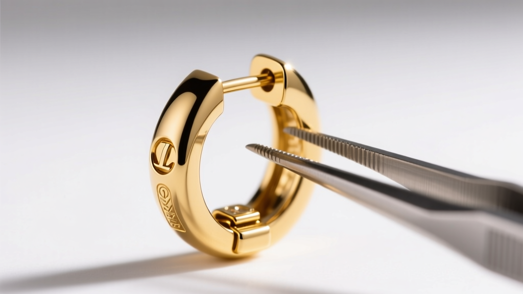 Macro shot of a chunky gold earring omega back clasp held by tweezers, revealing the tension hinge under a bright jewelry light.