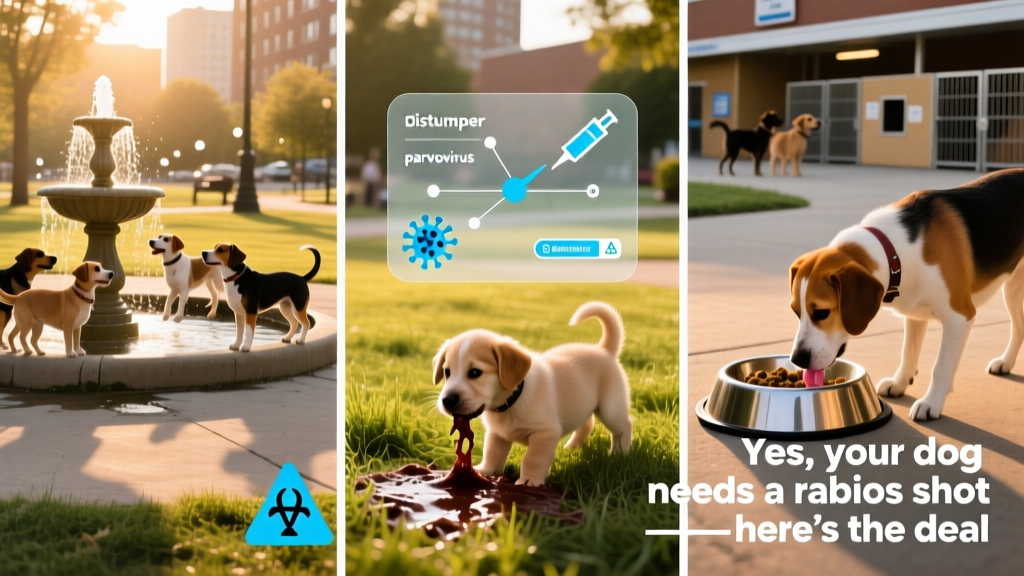 Infographic illustrating how distemper, parvo, and adenovirus spread among unvaccinated dogs in shared spaces like parks and boarding facilities