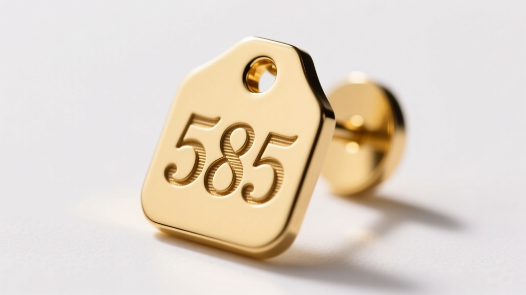 Macro shot of a laser-etched earring tag on a gold post, revealing the 585 hallmark under bright studio lighting.