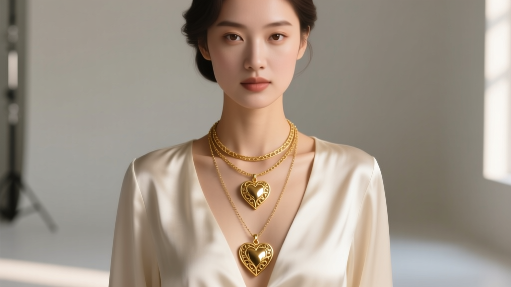 An elegant woman wearing a layered 15-inch and 18-inch vintage gold heart necklace over a silk blouse in soft studio lighting.