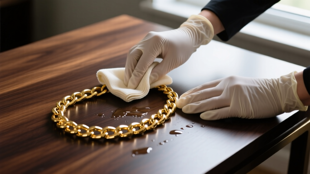 Hands in nitrile gloves wiping a gold plated chain with a damp microfiber cloth on a dark wood desk, top-down perspective view.