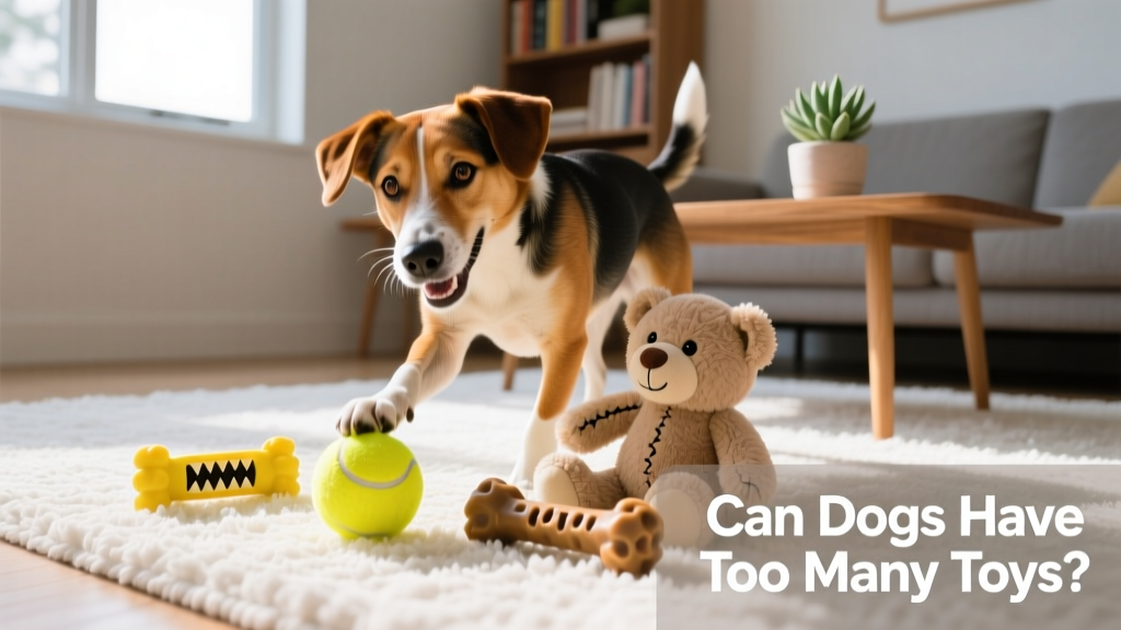A happy medium-sized dog playing with three different toys—a tennis ball, a plush bear, and a rubber chew—on a clean indoor rug