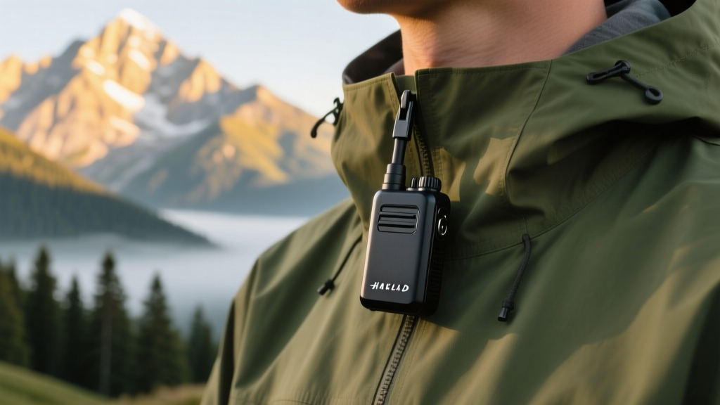 Close-up of a wireless microphone transmitter clipped to the collar of a hiking jacket with a blurred mountain landscape background