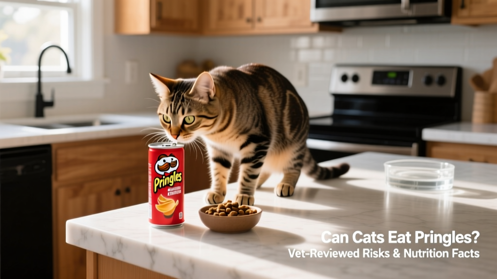 A curious cat sniffing a red Pringles can placed safely out of reach on a kitchen counter