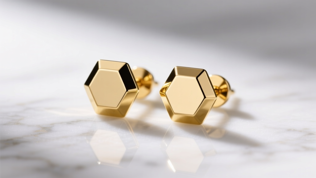 Macro shot of 14k solid gold hexagon stud earrings on a marble surface with soft directional lighting highlighting polished edges