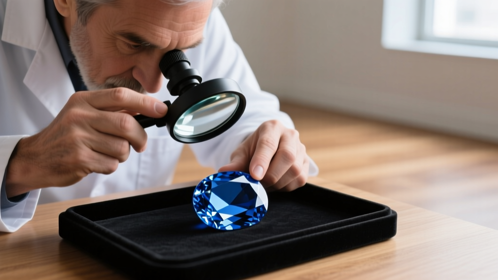 Gemologist using a 10x loupe to inspect inclusions of a natural blue sapphire meant for a Vedic astrology navratna pendant setting.