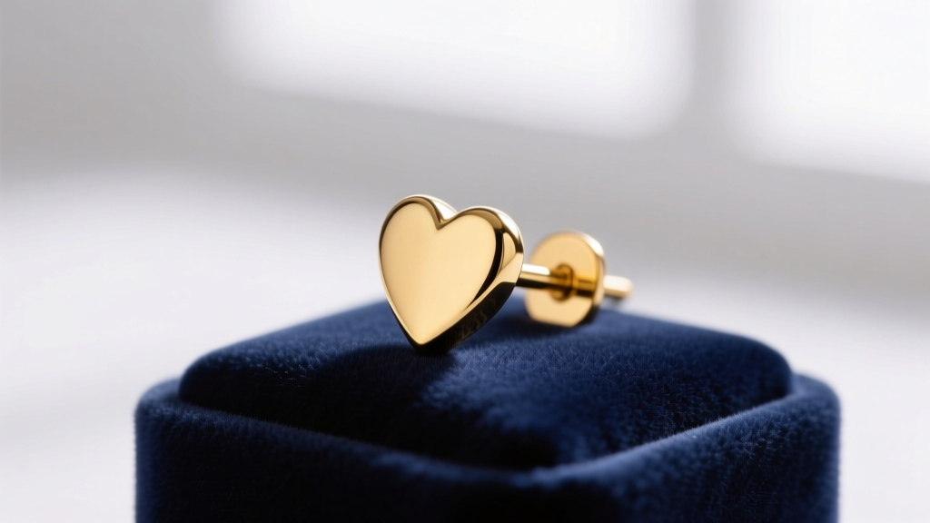 Macro shot of a 14k yellow gold heart stud earring on a velvet pad, highlighting the 20-gauge post thickness and polished edges.