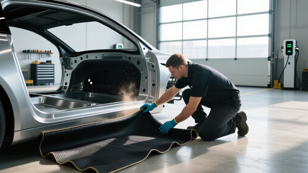 Technician applying butyl sound deadening mats to the bare metal floor pan of a modern electric vehicle chassis in a bright garage