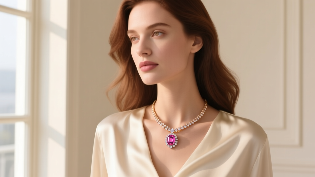 Elegant woman wearing an 18k rose gold pink sapphire and diamond necklace in soft natural window light against a cream silk blouse.