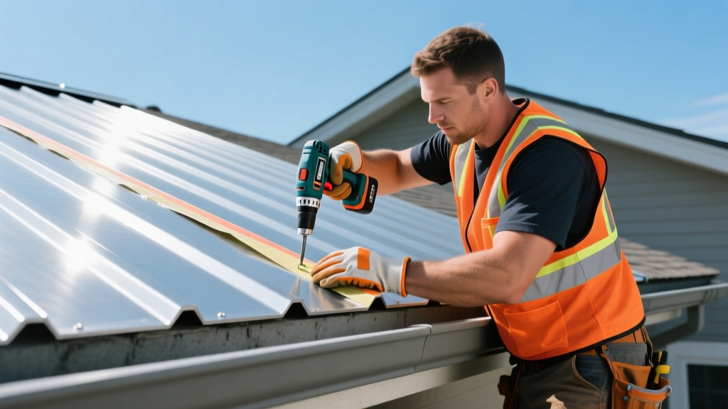 Roofing contractor repairing a standing seam metal roof panel using a specialized torque drill and butyl tape sealant