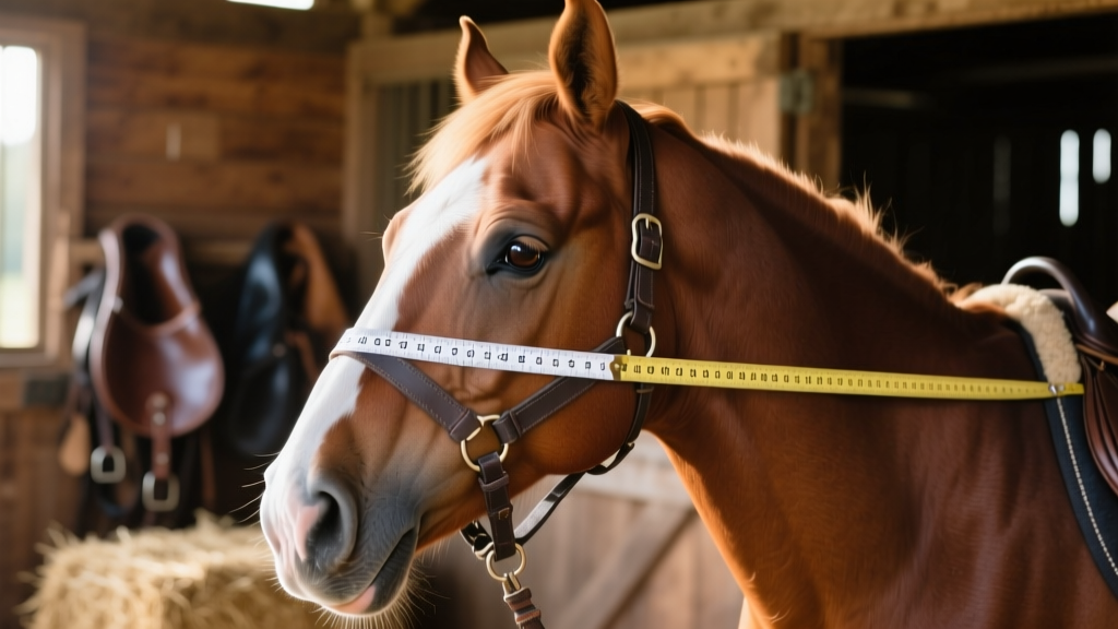 Close-up photo showing correct placement of measuring tape around a horse's nose and head for halter sizing