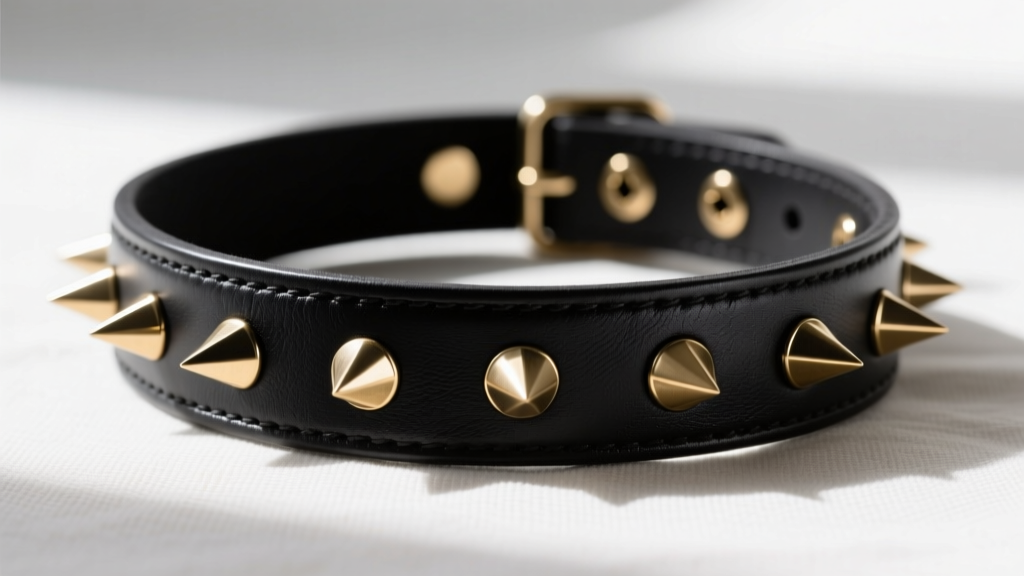 Side profile of a 4mm thick black vegetable-tanned leather emo choker featuring solid brass Chicago screws securing pyramid spikes