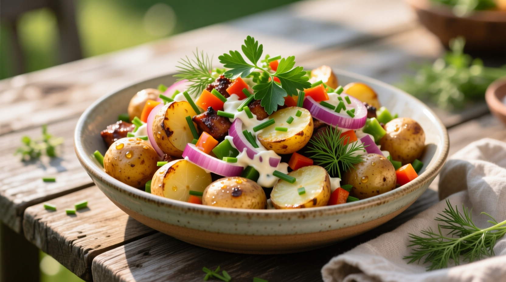 Barbecue potato salad in serving bowl with fresh herbs