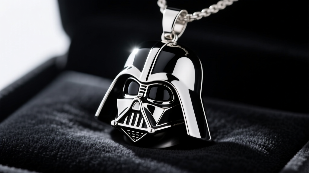Close-up of a sterling silver Darth Vader pendant with black rhodium details, resting on a dark velvet jeweler