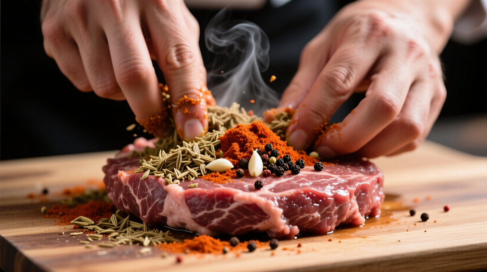 Hand mixing spices into ground beef for hamburgers