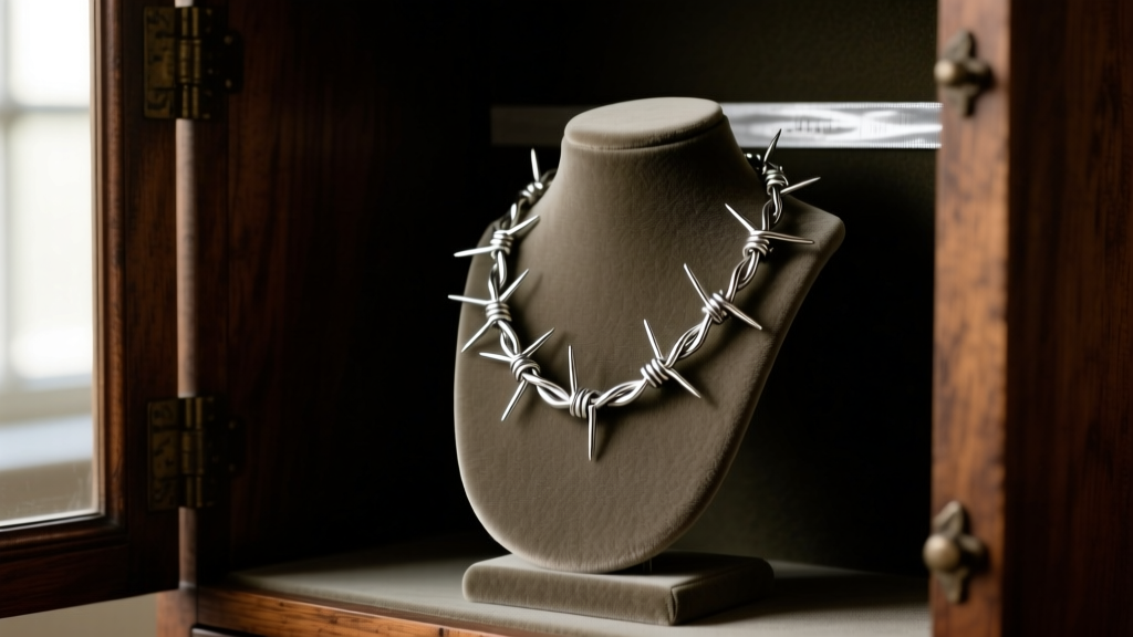 Silver barbed wire necklace hanging on a velvet stand in a wood cabinet, with an anti-tarnish strip visible in the dim background