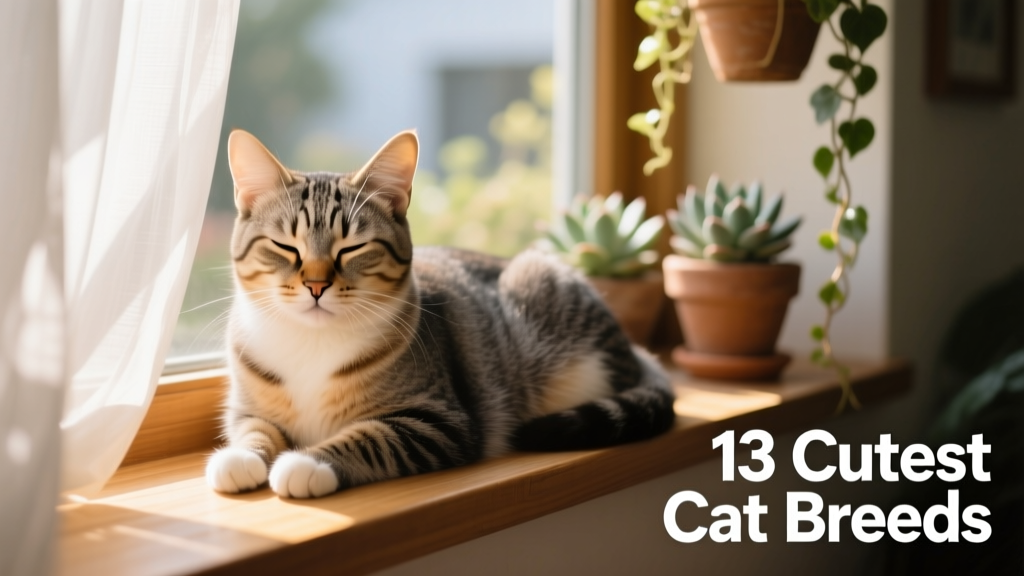 A mixed-breed rescue cat blinking slowly with soft eyes, resting comfortably on a sunlit windowsill