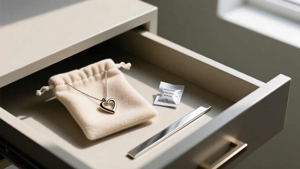 Jewelry drawer displaying a hart tie necklace inside an anti-tarnish flannel pouch beside a silica gel packet and silver strip.