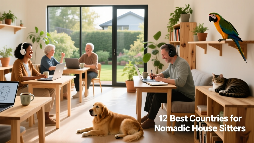 A diverse group of house sitters working remotely from a sunlit co-working space with laptops and coffee