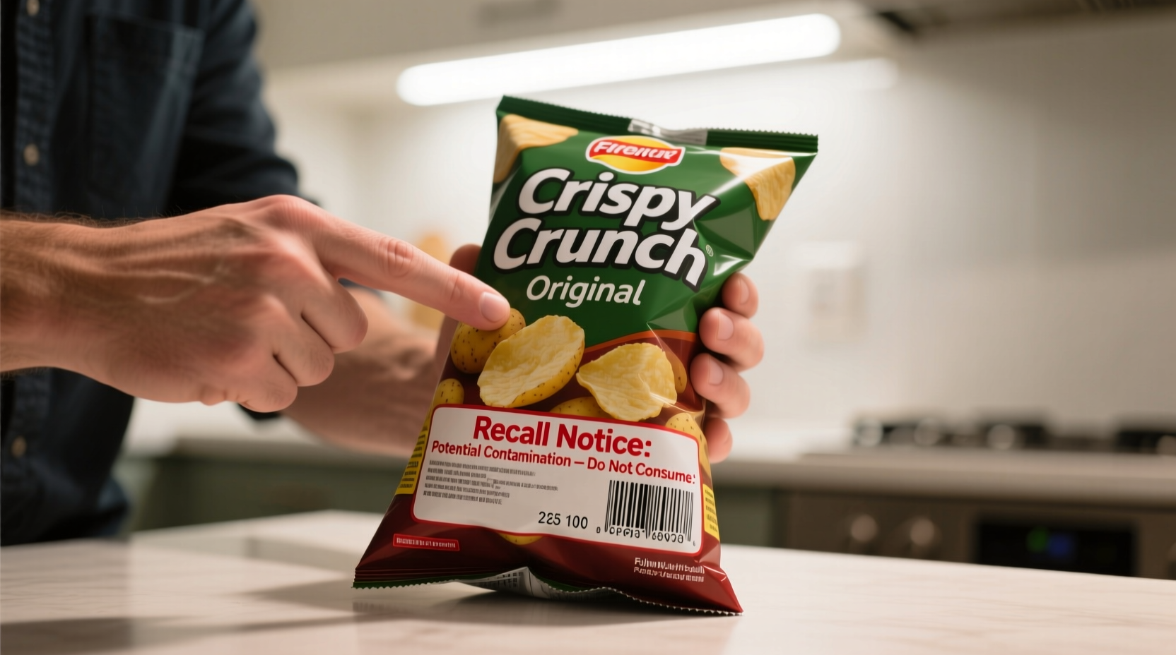 Consumer checking potato chip packaging for recall information