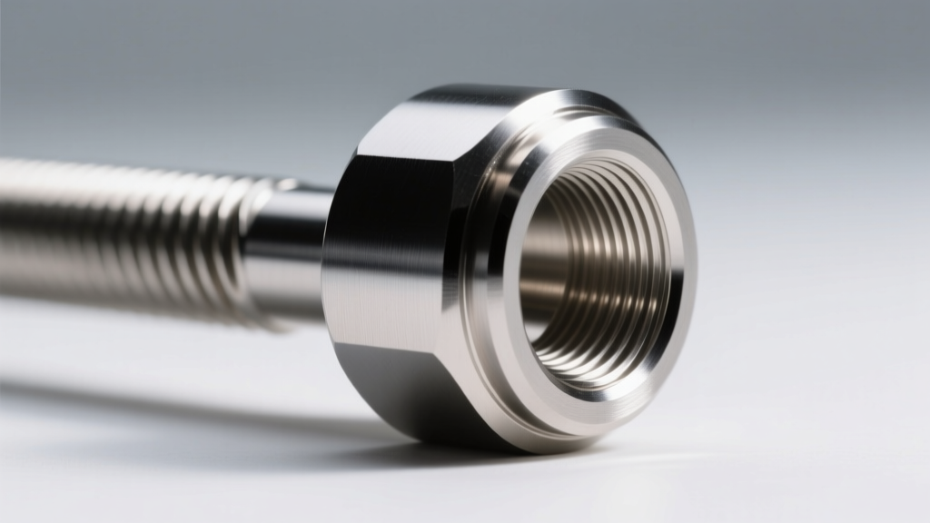 Macro shot of an internally threaded titanium barbell post highlighting the smooth threading and a flawless mirror-finish surface.
