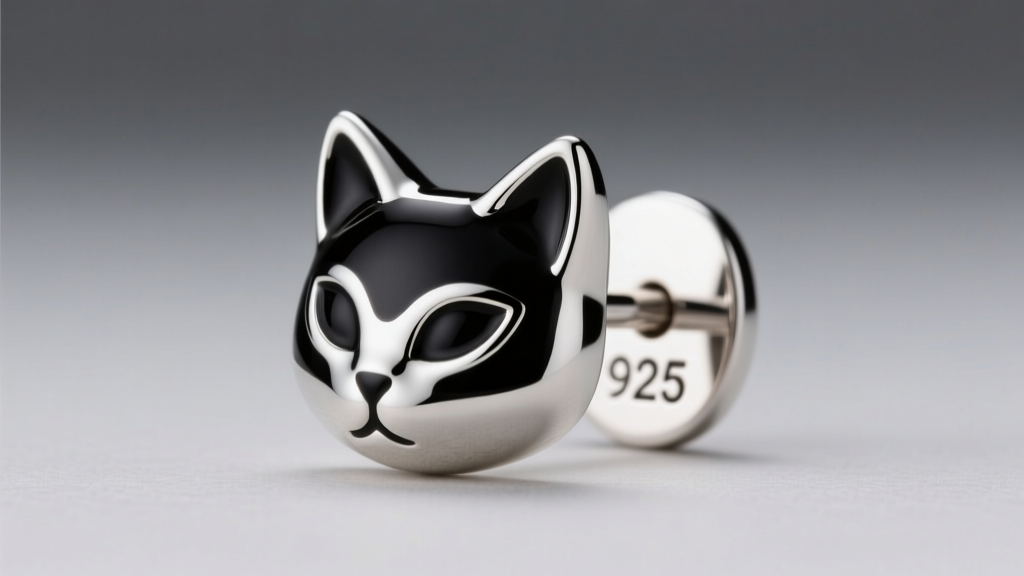 Close-up of a sterling silver cat earring with black enamel, showing the 925 hallmark stamped on the flat earring post base.
