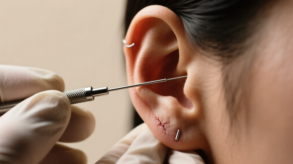 Piercer using a sterile steel taper to safely transition a healed earlobe piercing from a thin 20-gauge wire to a 16-gauge post.