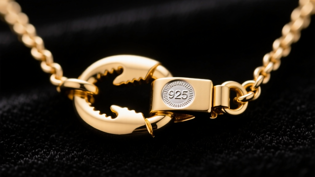 Macro shot of a 14k gold vermeil AKA necklace clasp showing the 925 stamp and secure lobster claw mechanism on dark velvet