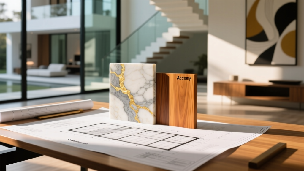 Architectural blueprints of a modern luxury estate with Calacatta marble and Accoya wood samples on a sunlit drafting table