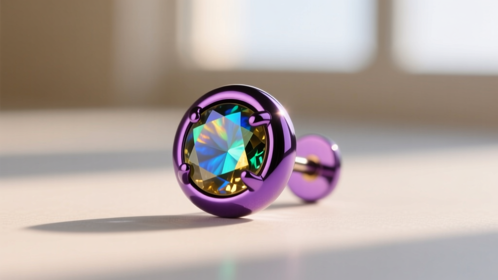 Macro shot of vibrant purple anodized niobium earring stud with a smooth bezel setting holding a small iridescent labradorite gem
