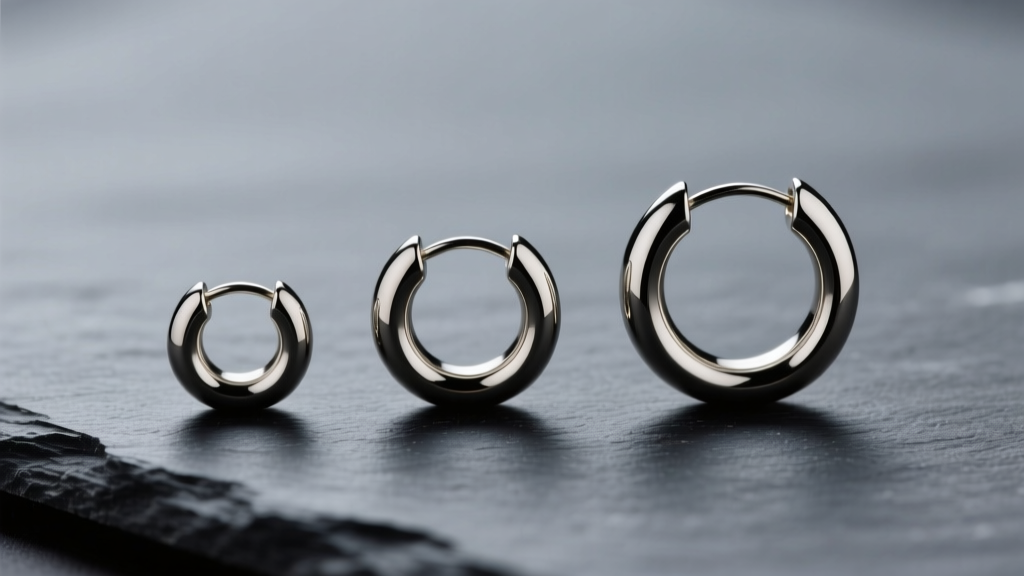 Macro shot of three mens hoop earrings in 8mm, 12mm, and 18mm diameters, laid out on dark slate with soft directional lighting