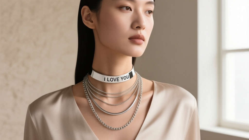 Model wearing a layered necklace stack featuring a short choker, a medium Morse code message pendant, and a long plain silver chain