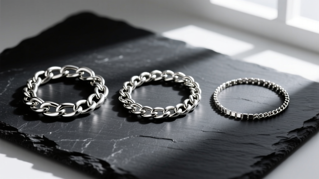 Flat lay of three silver chains: a 5mm Cuban link, a 4mm Figaro, and a 2mm box chain, arranged neatly on a dark slate background.