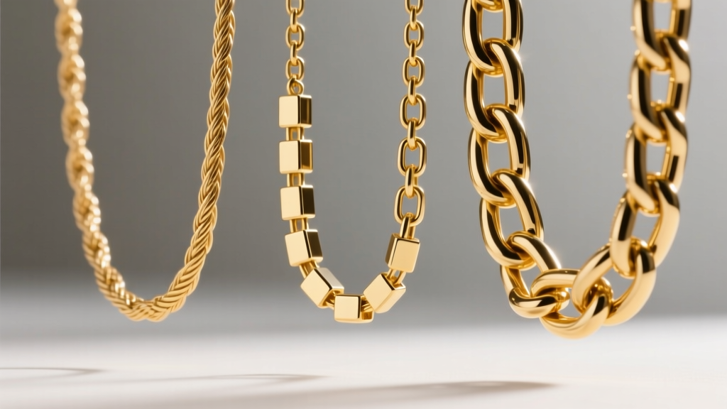 Macro shot comparing three gold chain links: a delicate 10k cable chain, a polished 14k box chain, and a thick 18k Cuban link