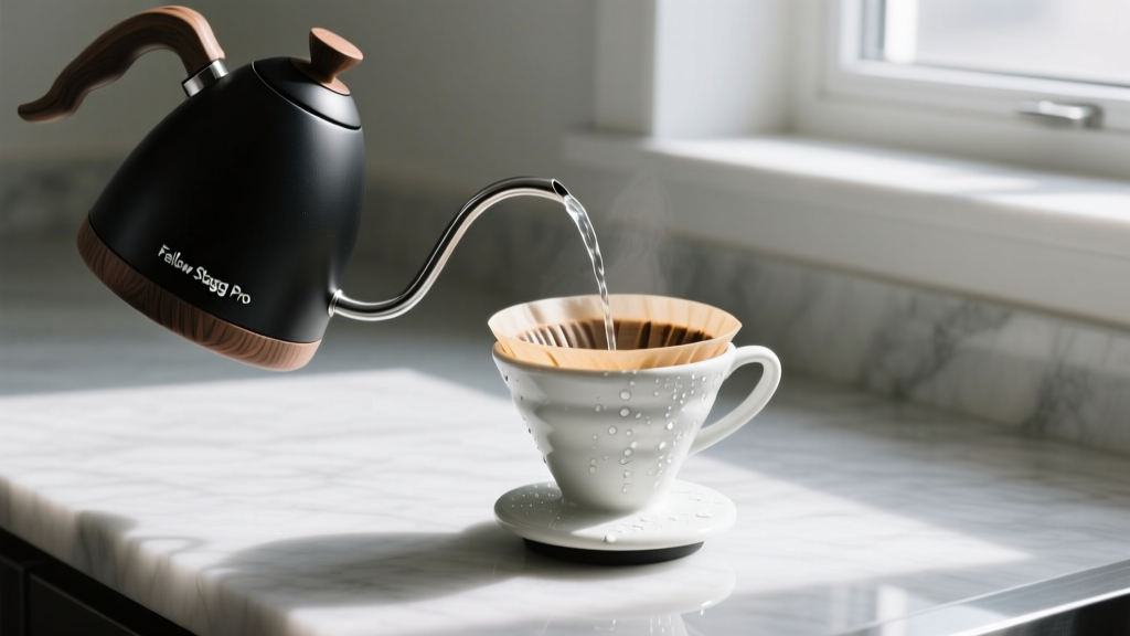 Matte black Fellow Stagg EKG Pro electric gooseneck kettle pouring water into a ceramic V60 dripper on a quartz kitchen countertop