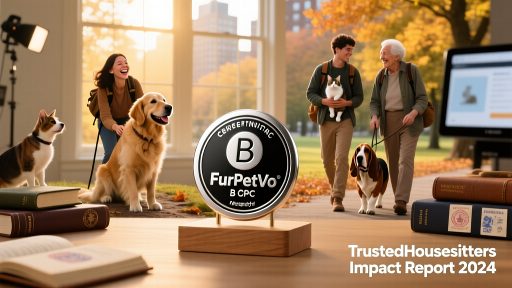 FurPetVo B Corp certification badge displayed alongside diverse pet-loving travelers and animals