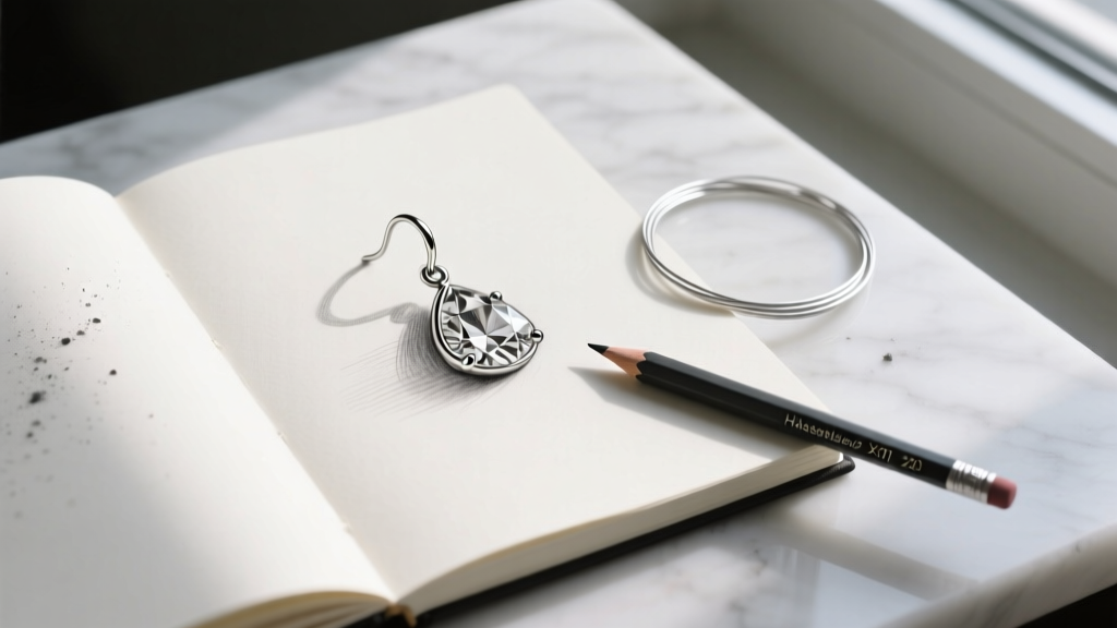 Overhead view of a sketchbook featuring a graphite drawing of a diamond drop earring beside a 20-gauge wire and a pencil.