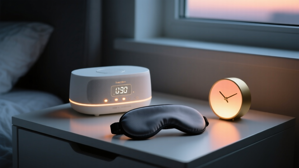 Dimly lit nightstand featuring a budget white noise machine, contoured blackout sleep mask, and glowing sunrise clock.