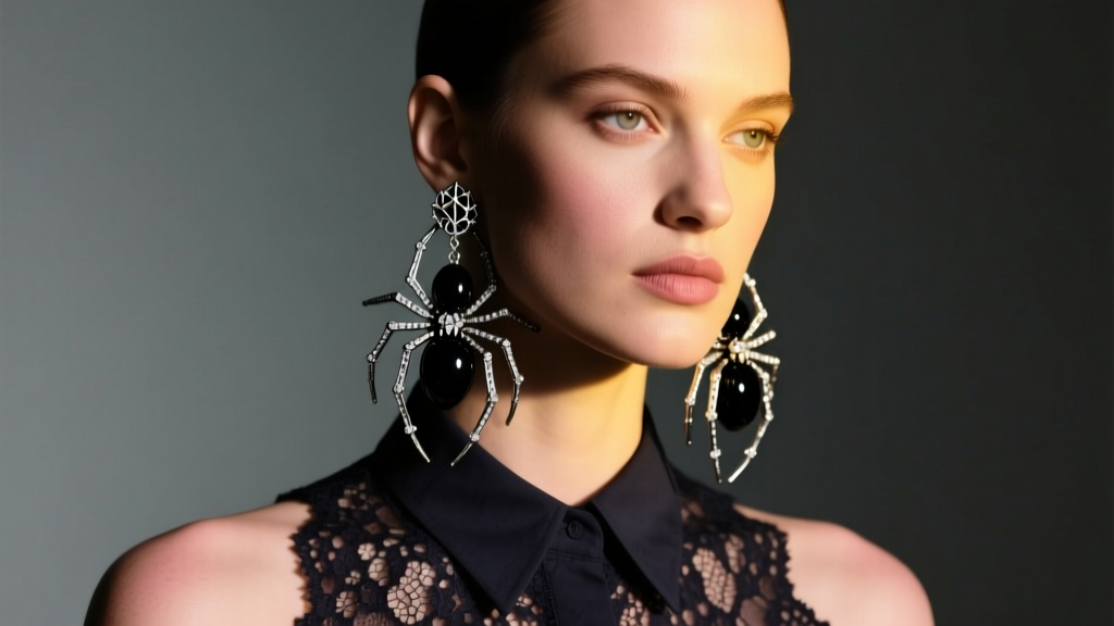 Model wearing dangling Betsey Johnson spider earrings paired with a dark lace blouse under soft, moody directional studio lighting
