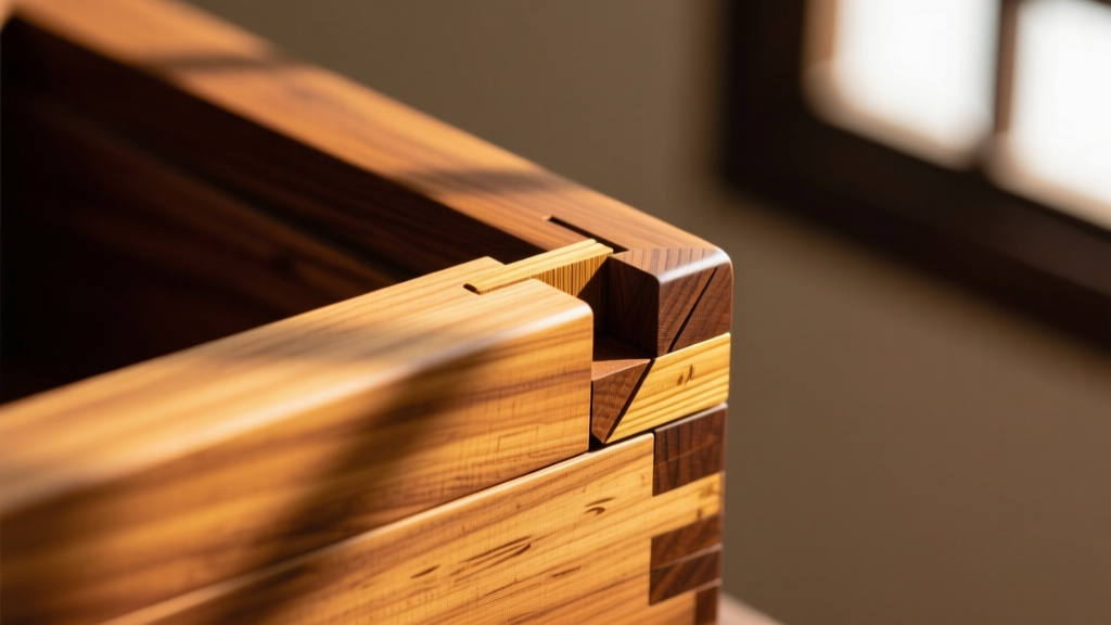 Close-up of traditional Chinese dovetail joinery on a solid camphor wood box corner, highlighting the interlocking wood grain.