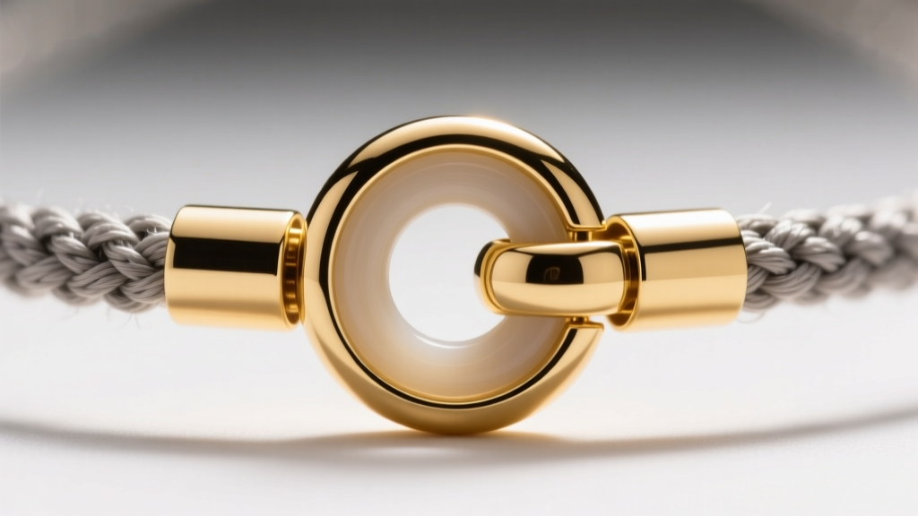 Macro view of 14k gold barrel clasp on an Isaac necklace showing the internal silicone O-ring and woven polyester thread ends