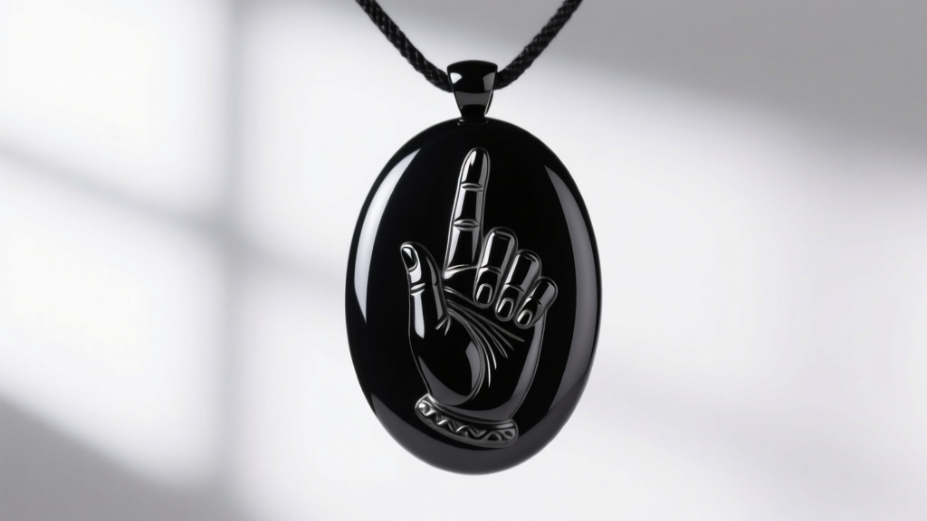 Macro shot of a carved Whitby jet Victorian mourning pendant featuring a pointing hand, highlighting the matte black stone finish.