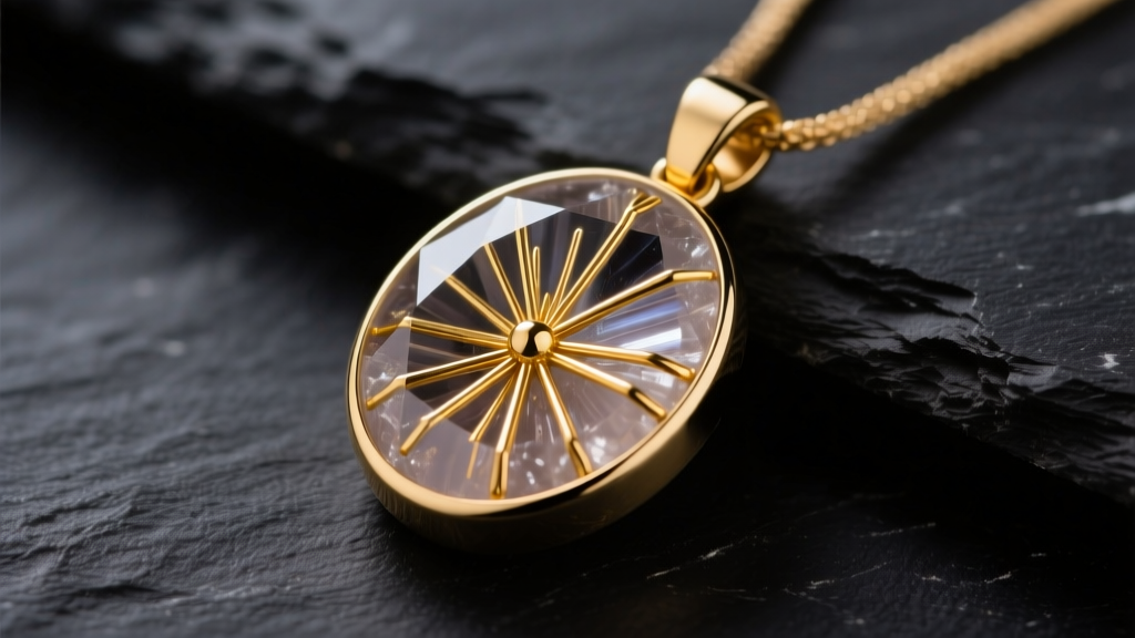 Close-up of a raw rutilated quartz pendant in a matte 14k yellow gold bezel on dark slate, showing golden needle inclusions.