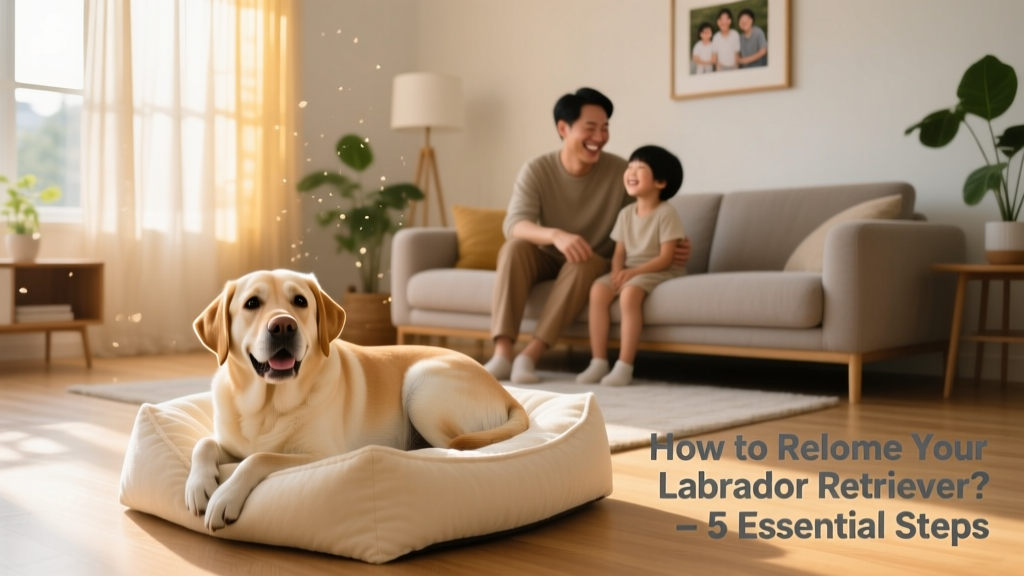 A happy Labrador Retriever curled up on a cozy dog bed in a sunlit living room with her new adoptive family nearby