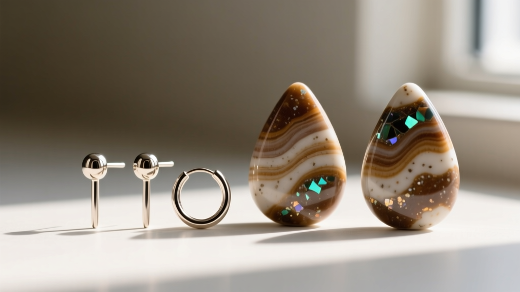 Close-up of 20-gauge titanium earring posts and jump rings resting next to baked terrazzo polymer clay teardrop shapes.